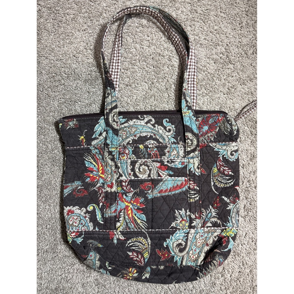 Lily waters Blue Paisley Quilted Cotton Zip Top Tote Bag Brown Turquoise